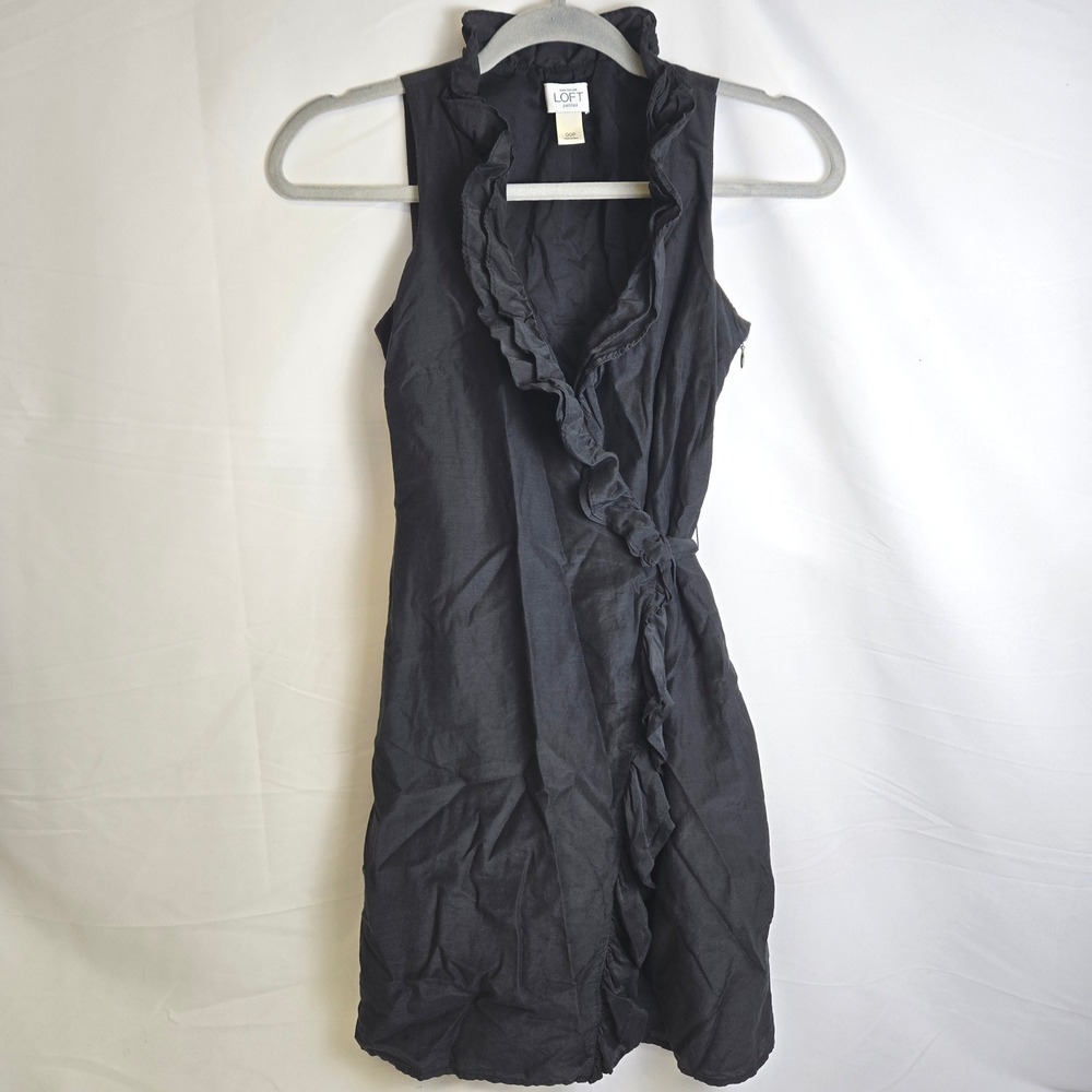 Ann Taylor Loft Sleeveless Ruffle Wrap Dress Cotton Silk Blend Black 00 Petite